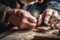 Carpenter working on wood, wood carving. Old man hands holding a tool closeup. Generative AI