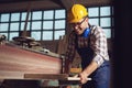 Carpenter working on woodworking machines in carpentry shop Royalty Free Stock Photo