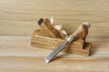 Carpentry concept.Joiner carpenter workplace. Construction tools on wooden table. Copy space for text. Royalty Free Stock Photo