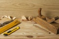 Carpentry concept.Joiner carpenter workplace. Different tools on wooden table. Copy space for text. Royalty Free Stock Photo