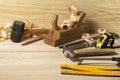 Carpentry concept.Joiner carpenter workplace. Different tools on wooden table. Copy space for text. Royalty Free Stock Photo