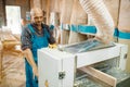 Carpenter works on plane machine, woodworking