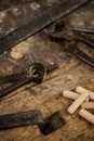 carpenter& x27;s tools on a wooden desk Royalty Free Stock Photo