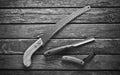 A carpenter& x27;s working tool on a wooden table. Saw, dimes, knife, top view. Royalty Free Stock Photo