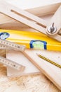 Carpenters level, ruler and right angle Royalty Free Stock Photo