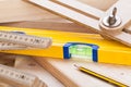 Carpenters level, ruler and right angle Royalty Free Stock Photo