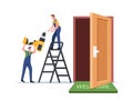 Carpenters, Repairmen Stand on Ladder with Drill Tool Repairing Doors. Master Male Characters Repair or Set Up Doorway