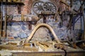 Carpenters tools background. Old-fashioned rusty carpenter& x27;s tools, various tools on the table. a wooden horse cart Royalty Free Stock Photo