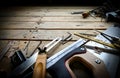 Carpenters Tools on Wooden Work Bench Royalty Free Stock Photo