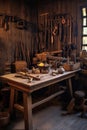 carpenters tools on wooden workbench