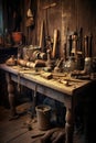 carpenters tools on wooden workbench