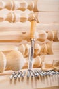 Carpentry chisel and wooden figuire Royalty Free Stock Photo