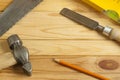 Carpentry concept.Joiner carpenter workplace. Construction tools on wooden table with shavings. Copy space for text. Royalty Free Stock Photo