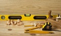 Carpentry concept.Joiner carpenter workplace. Construction tools on wooden table. Copy space for text. Royalty Free Stock Photo