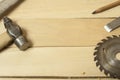 Carpentry concept.Joiner carpenter workplace. Construction tools on wooden table with shavings. Copy space for text. Royalty Free Stock Photo