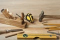 Carpentry concept.Joiner carpenter workplace. Different tools on wooden table. Copy space for text. Royalty Free Stock Photo