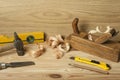 Carpentry concept.Joiner carpenter workplace. Different tools on wooden table. Copy space for text. Royalty Free Stock Photo