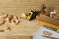 Carpentry concept.Joiner carpenter workplace. Different tools on wooden table. Copy space for text. Royalty Free Stock Photo