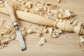 Carpentry concept.Joiner carpenter workplace. Construction tools on wooden table with sawdust. Copy space for text. Royalty Free Stock Photo