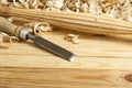 Carpentry concept.Joiner carpenter workplace. Construction tools on wooden table with sawdust. Copy space for text. Royalty Free Stock Photo