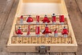 Carpentry cutters arranged in a wooden box. Woodworking accessories in a carpentry shop