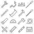 Carpentry industry equipment icons flat set with toolbox furniture