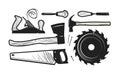 Carpentry, joinery icons. Set of tools such as axe, hacksaw, hammer, planer, disc circular saw, cutters. Vector