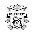 Carpentry label with wood logs and saw. Emblem for forestry and lumber industry Royalty Free Stock Photo