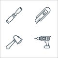 Carpentry line icons. linear set. quality vector line set such as drilling machine, axe, cutter