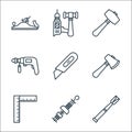 Carpentry line icons. linear set. quality vector line set such as tool, tool, try square, axe, cutter, drill, mallet, tools