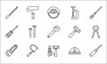 Carpentry line icons. linear set. quality vector line set such as awl, tools, saw machine, helmet, fretsaw, screwdriver, hammer,