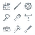 carpentry line icons. linear set. quality vector line set such as chisel, hammer, bag, paint roller, paint brush, fretsaw, saw,