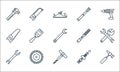 Carpentry line icons. linear set. quality vector line set such as hammer, auger, spanner, tool, saw, saw, chisel, tool, hacksaw