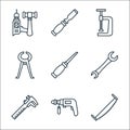 Carpentry line icons. linear set. quality vector line set such as hand saw, drill, scale, spanner, awl, prune, clamp, chisel