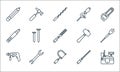 Carpentry line icons. linear set. quality vector line set such as kit, fretsaw, drill, rasp, spanner, marker, mallet, hand drill,