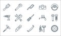 Carpentry line icons. linear set. quality vector line set such as saw, hand saw, auger, tools, cutter, drilling machine, measuring