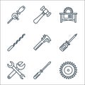 Carpentry line icons. linear set. quality vector line set such as saw, screwdriver, repair, screwdriver, scale, drill, saw tool,