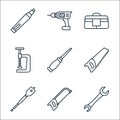 carpentry line icons. linear set. quality vector line set such as spanner, hacksaw, auger, saw, awl, clamp, bag, drilling machine