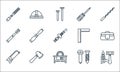 Carpentry line icons. linear set. quality vector line set such as tools, saw tool, hacksaw, screws, axe, tool, try square,