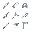 Carpentry line icons. linear set. quality vector line set such as try square, drilling machine, rasp, hacksaw, auger, tool, saw
