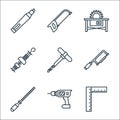 Carpentry line icons. linear set. quality vector line set such as try square, drilling machine, rasp, hacksaw, auger, tool, saw Royalty Free Stock Photo