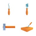 Carpentry tool icons set cartoon . Hammer chisel and trowel