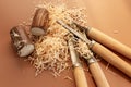 Carpentry tool set with wood shavings Royalty Free Stock Photo