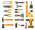 Carpentry Tools Flat Design Concept, yellow working tools collection isolated on white background