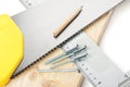 Carpentry tools and plank Royalty Free Stock Photo