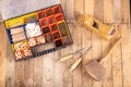 Carpentry tools on a wooden table. Utensils in a box for joining wood Royalty Free Stock Photo
