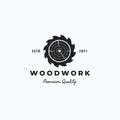 Carpentry vintage saw blade and tree rings vector illustration logo design. Simple woodworking saw blade and wood logo concept Royalty Free Stock Photo