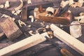 Carpentry - vintage woodworking tools on wooden table Royalty Free Stock Photo