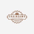 Carpentry and Wood saw Logo Vector, Chainsaws Line art Vintage Illustration, Carpenter and Wood Working Concept Design