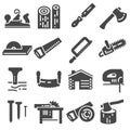 Carpentry wood work tools and equipment black icons set isolated vector illustration